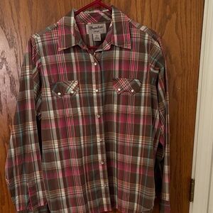 Wrangler Women's Plaid Button-Down Shirt in Brown and Pink